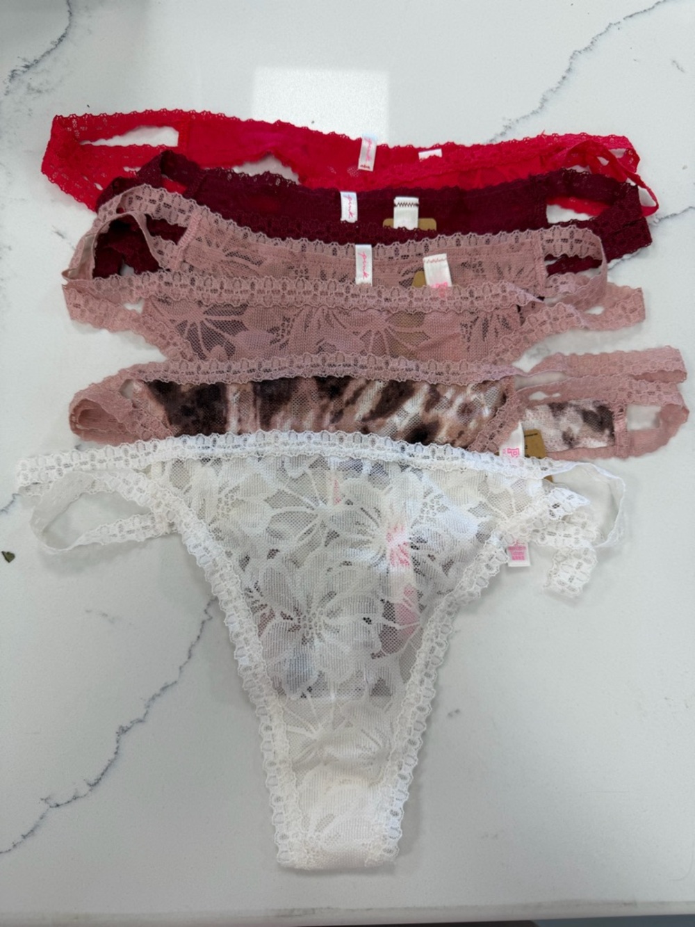 PINK Victoria's Secret Lace Thong Set in Red, Burgundy, Blush, Leopard, White